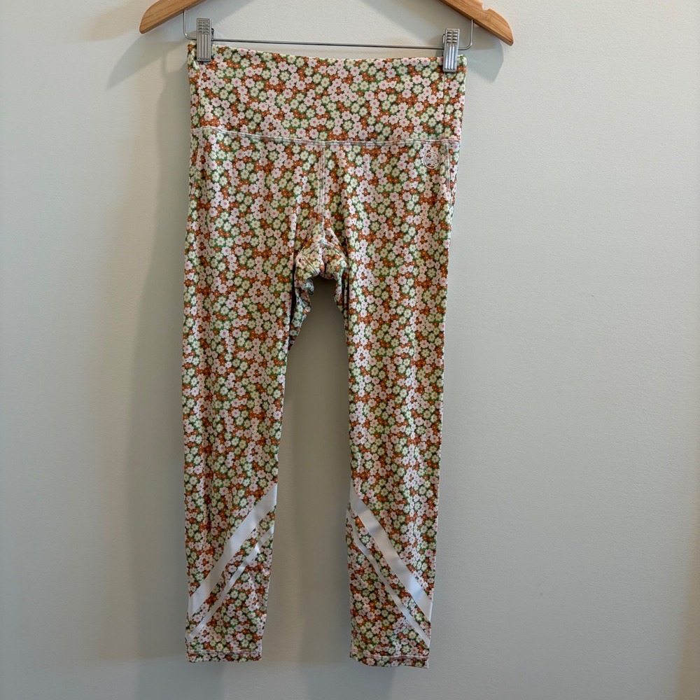 Tory Sport Floral High Rise Chevron Stripe Leggings Orange Green White Size M